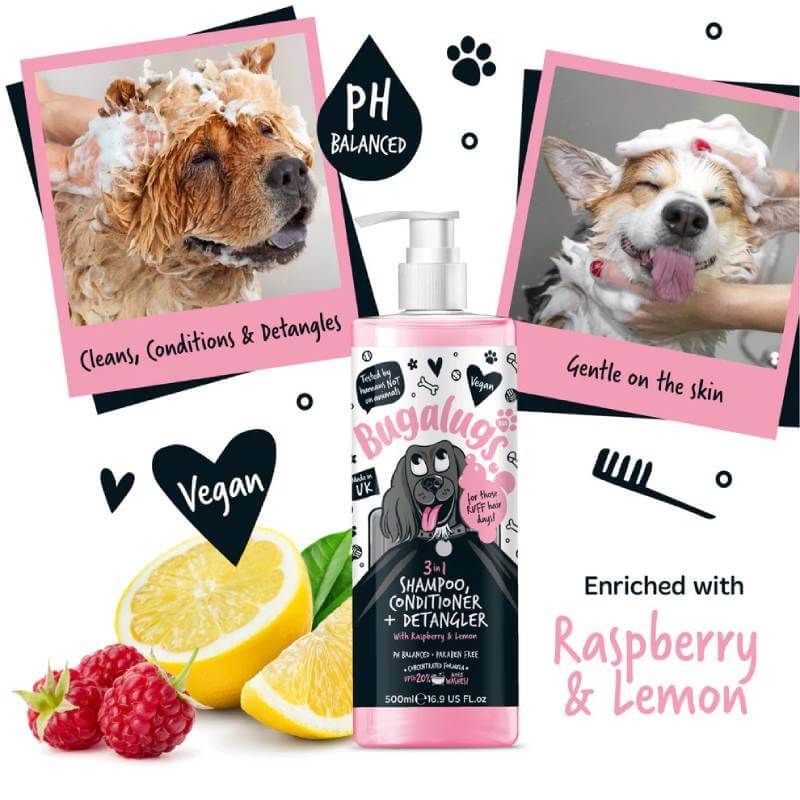 Bugalugs 3in1 Raspberry & Lemon Dog Shampoo & Conditioner 250ml for detangling and cleansing.