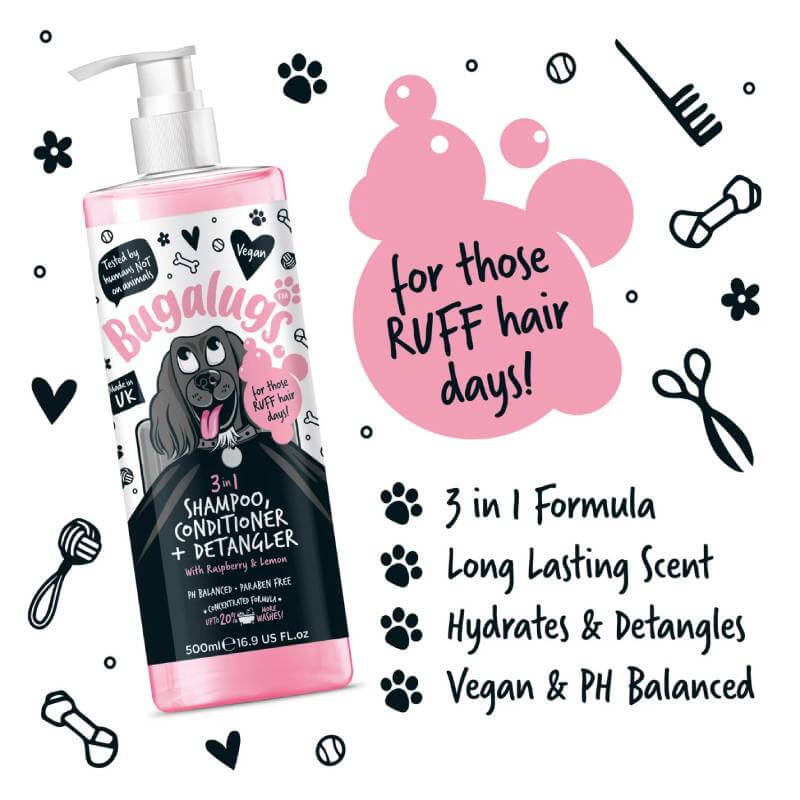 A bottle of Bugalugs 3in1 Raspberry & Lemon Detangle Dog Shampoo & Conditioner, 250ml.