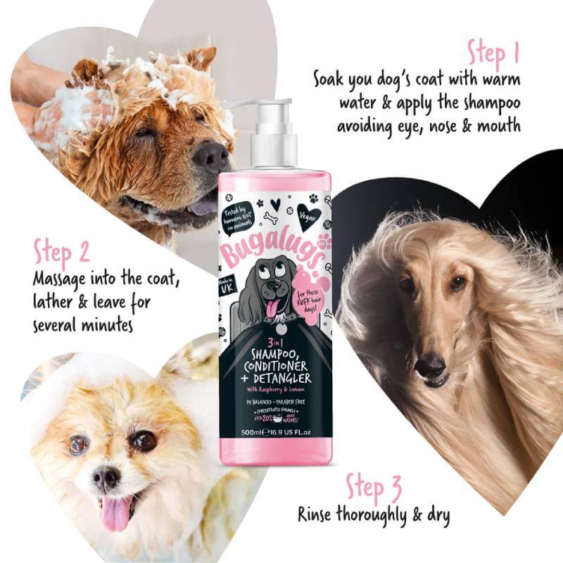 Bugalugs 3in1 Raspberry & Lemon Detangle Dog Shampoo & Conditioner 250ml for all breeds.