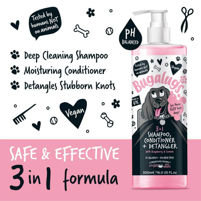 Bugalugs 3in1 Raspberry & Lemon Detangle Dog Shampoo & Conditioner 250ml for dogs.
