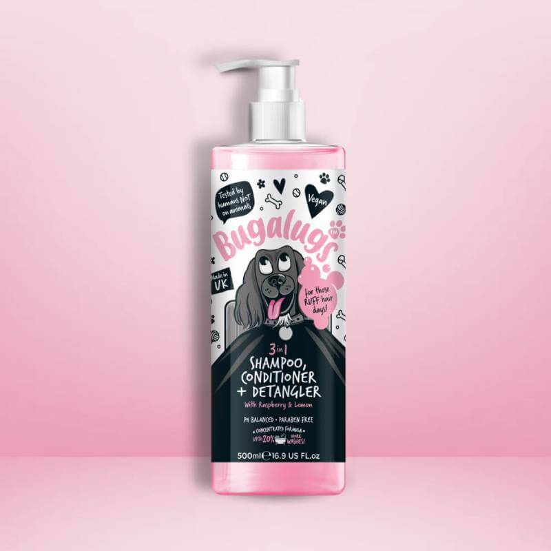 Bugalugs 3in1 Raspberry & Lemon Dog Shampoo & Conditioner 250ml bottle on a pink background.