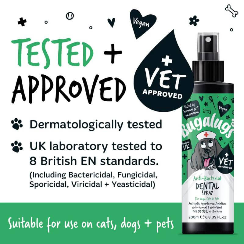 Bugalugs Anti-Bacterial Dental Spray for Dogs & Cats cleans teeth and freshens pet breath.