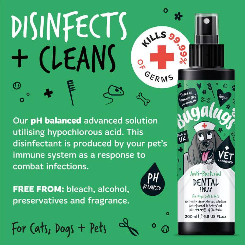 Bugalugs Anti-Bacterial Dental Spray for Dogs & Cats 200ml for pet oral hygiene.