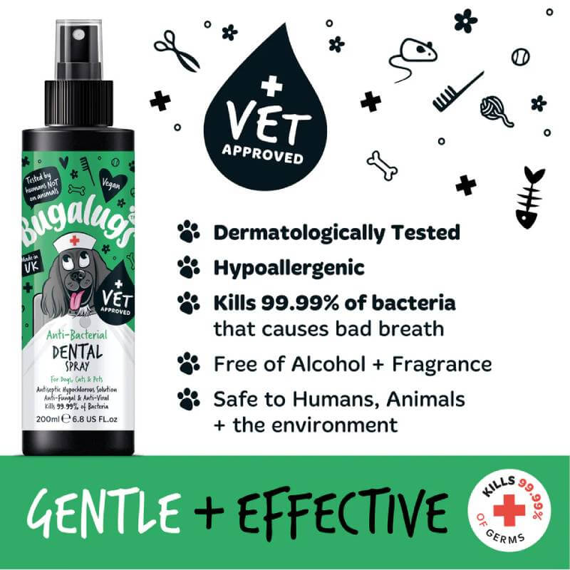 Bugalugs Anti-Bacterial Dental Spray 200ml for dogs & cats—vet approved, fights germs & bad breath.