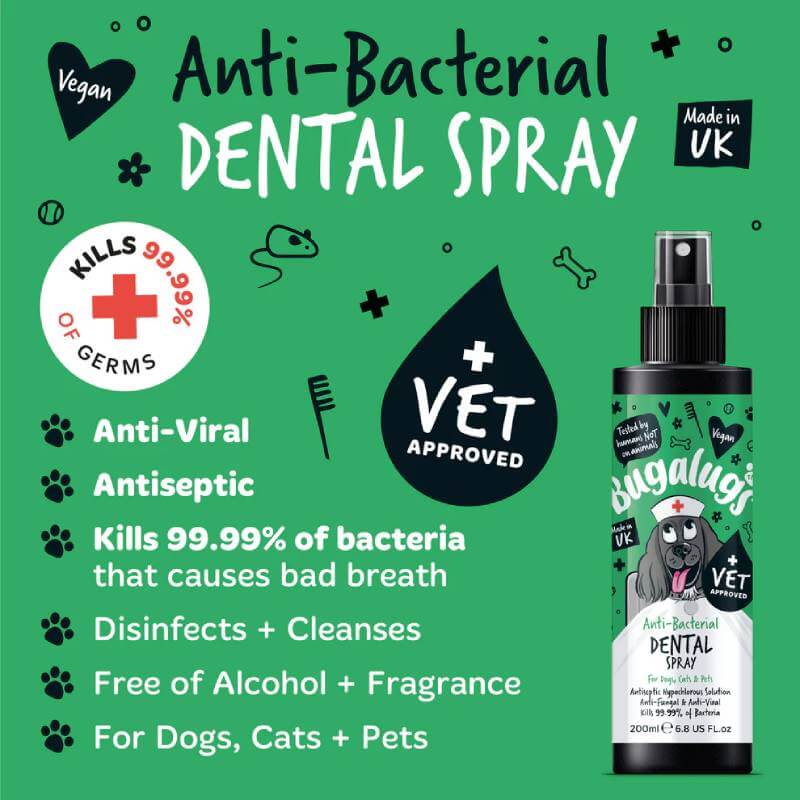 Bugalugs Anti-Bacterial Dental Spray for Dogs & Cats 200ml boosts oral hygiene; bottle shown right.