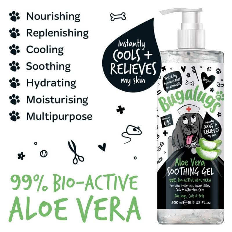 Bugalugs Aloe Vera Gel 250ml: nourishes, hydrates & soothes irritated skin in dogs & cats.