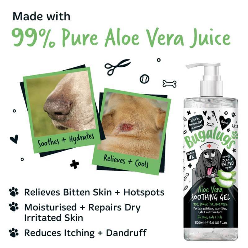 Bugalugs Aloe Vera Soothing Gel for Dogs & Cats 250ml soothes irritated skin before and after use.