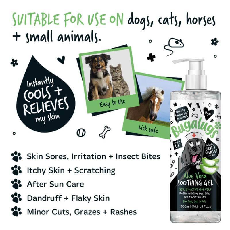 Bugalugs Aloe Vera Soothing Gel for Dogs & Cats 250ml bottle with usage instructions shown.