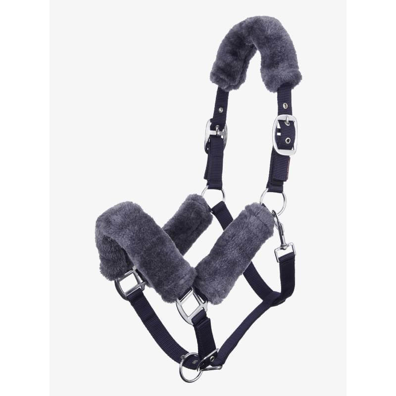 A black horse wears a LeMieux Comfort Headcollar with white padding outdoors.