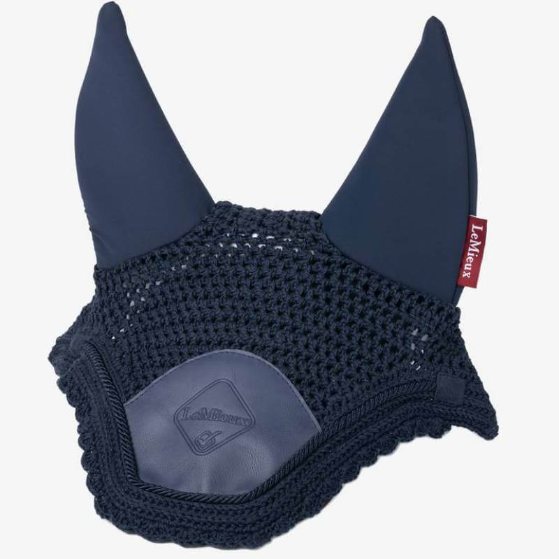 LeMieux Acoustic Pro Fly Hood Navy with soundproof design and branded tag.