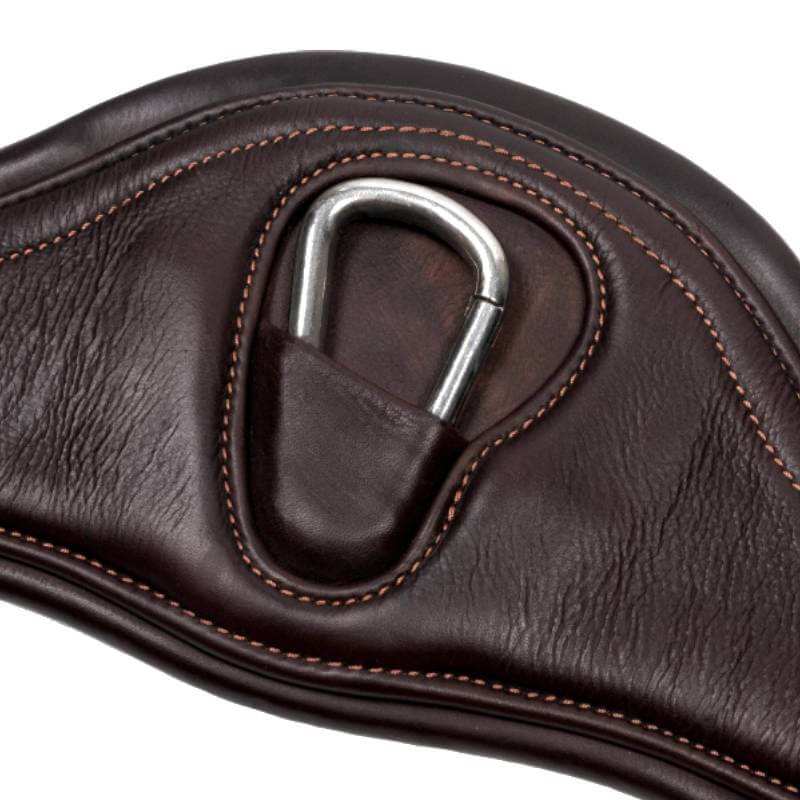 Close-up of LeMieux Gel-Tek Anatomic Jumping Girth Brown with stitched metal D-ring.