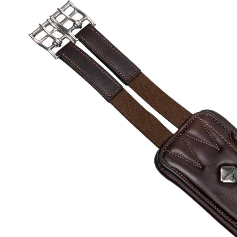LeMieux Gel-Tek Anatomic Jumping Girth in brown leather with elastic straps and silver buckles.