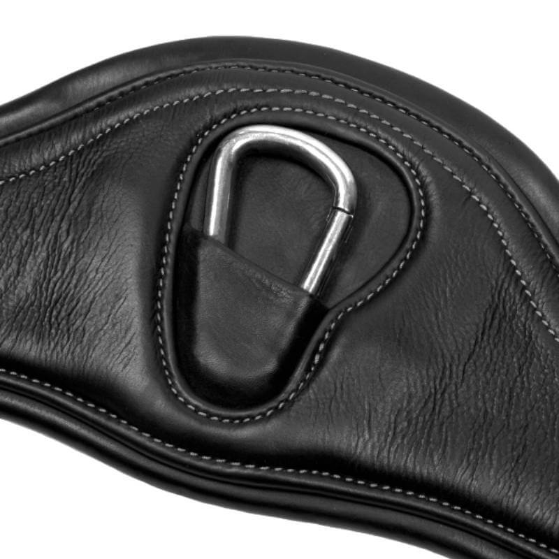 LeMieux Gel-Tek Anatomic Jumping Girth Black with white stitching and metal carabiner pocket.
