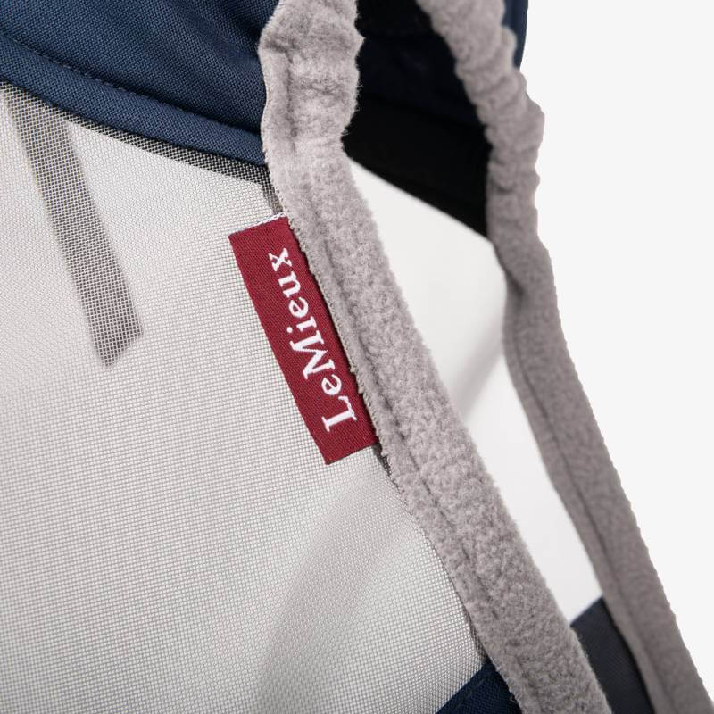 Close-up of a LeMieux Armour Shield Pro Standard Fly Mask Navy with grey trim.