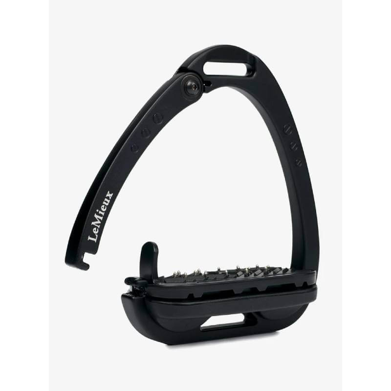 Two LeMieux Vector Balance Stirrups in black, one upright and one flat, with ergonomic footplates.