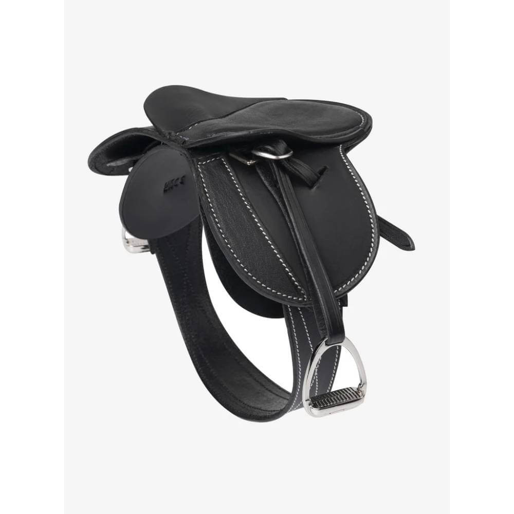 LeMieux Toy Pony Saddle Black: Mini black leather saddle with white stitching and a metal stirrup.
