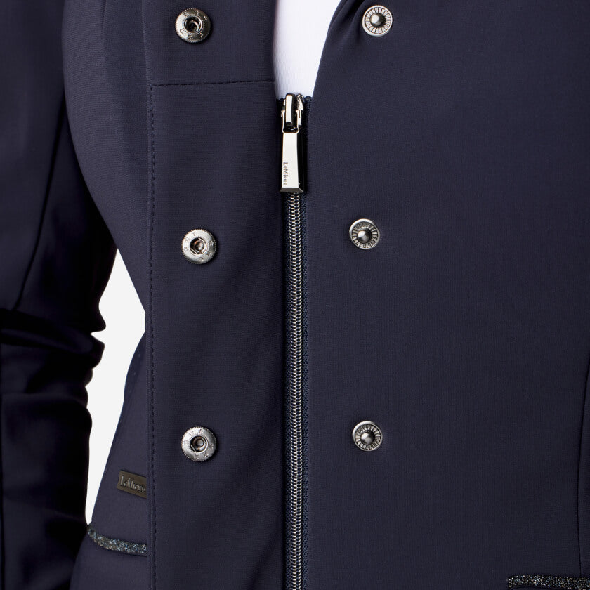 LeMieux Dynamique Show Jacket Ladies Navy with silver buttons and front zipper detail.
