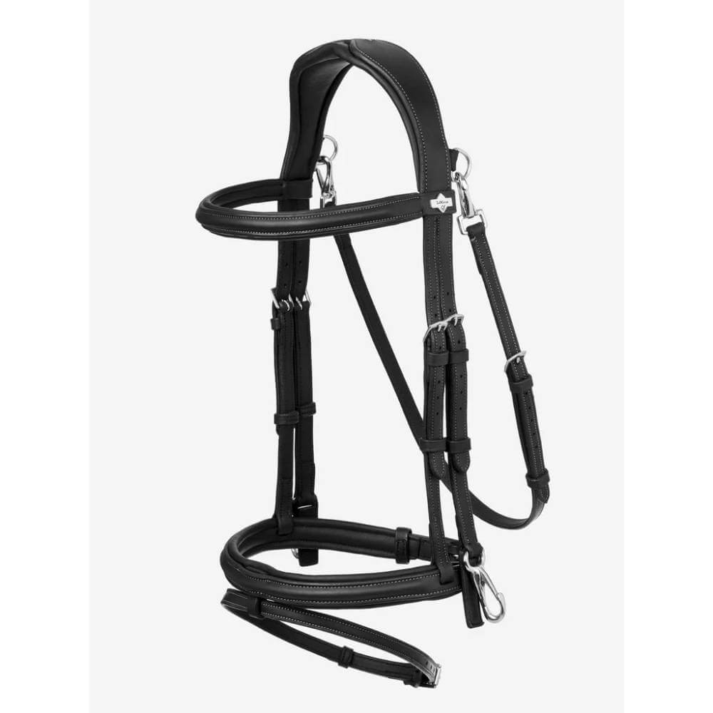 LeMieux Work Bridle Black with silver buckles and anatomic headpiece on white background.
