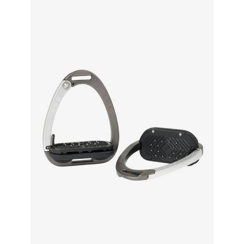 Two LeMieux Vector Balance Carbon/Silver stirrups, one upright and one on its side.