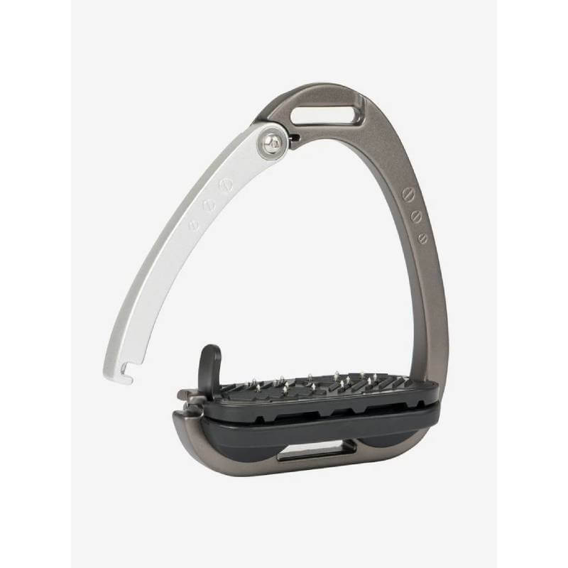 Two LeMieux Vector Balance Carbon/Silver stirrups, one upright and one on its side.