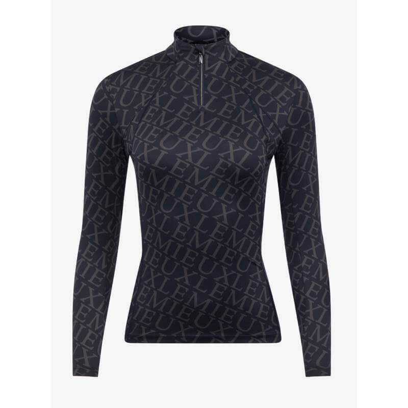 Navy long-sleeve LeMieux Fleur Base Layer with high neck and gray repeating MEXE pattern.