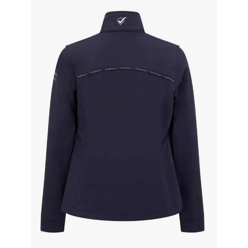 LeMieux Young Rider Elite Soft Shell Jacket Navy with collar logo and bold upper-back lettering.