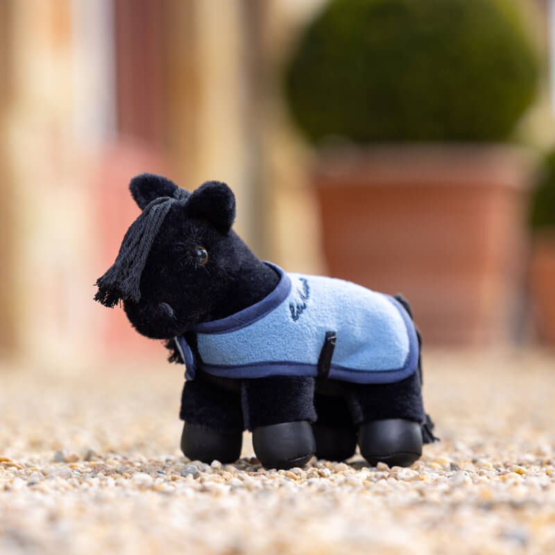 The LeMieux Tiny Pony Skye in a blue coat stands on gravel outdoors.