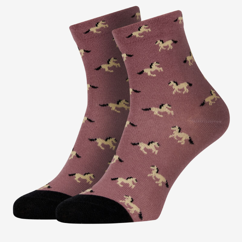LeMieux Mini Character Socks 2 Pack Dream: Purple kids' socks with black toes and tan horse pattern.