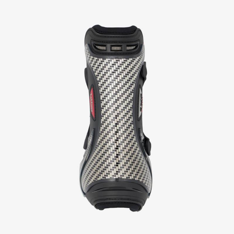 Top view of LeMieux Exo-Flex Tendon Boot in black/silver with buckles and woven pattern.
