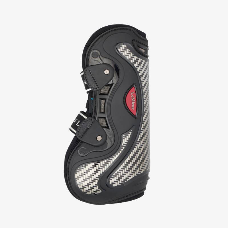 LeMieux Exo-Flex Tendon Boot in black/silver with buckles and red LeMieux logo.