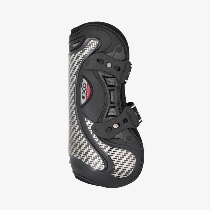 LeMieux Exo-Flex Tendon Boot Black/Silver with buckle straps, ideal for horse jumping.