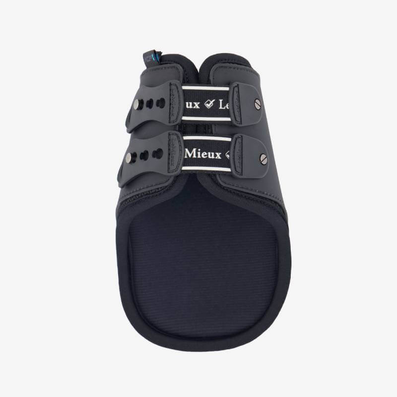 LeMieux Exo-Flex Fetlock Boot in Black/Silver with two adjustable straps, top view.