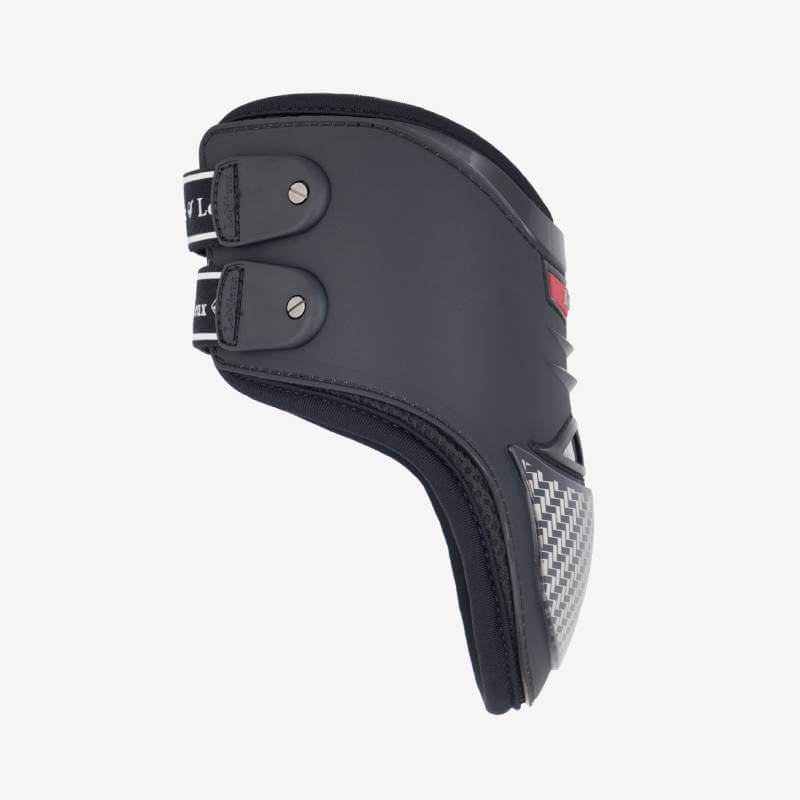 LeMieux Exo-Flex Fetlock Boot in black/silver with carbon fiber and two buckle straps.