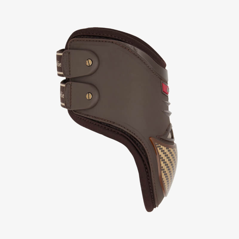 LeMieux Exo-Flex Fetlock Boot Brown/Gold protects tendons with buckles and carbon fiber panel.