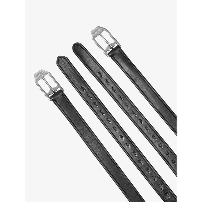 LeMieux Arika Stirrup Leather Black belt with silver buckle on white background.