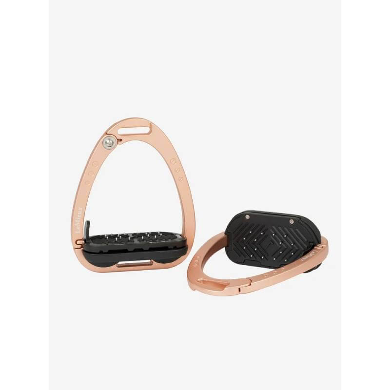 Two LeMieux Vector Balance Stirrup Rose Gold One Size with ergonomic footplates and black pads.