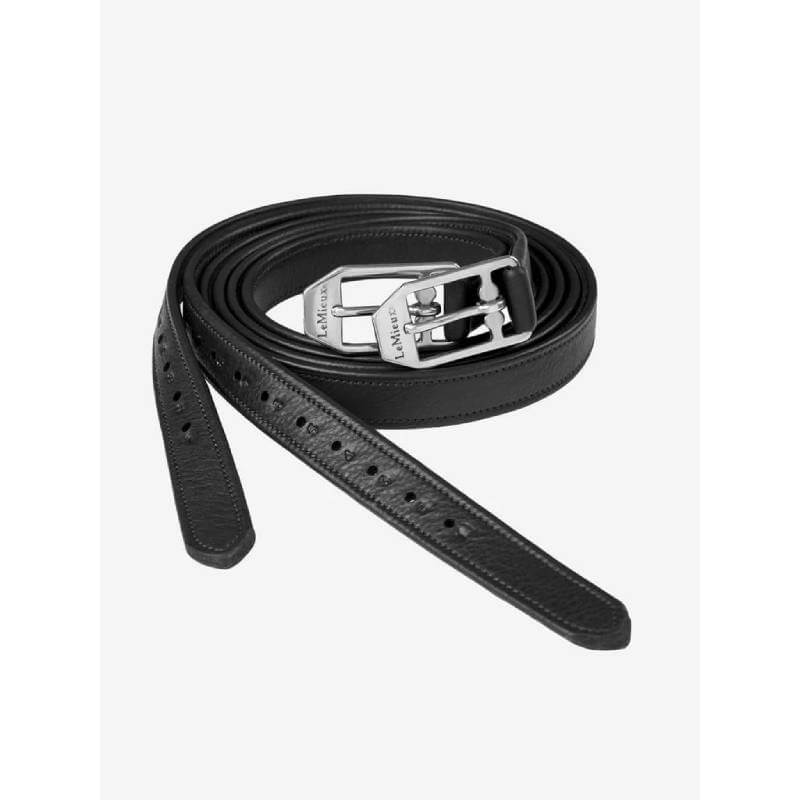 LeMieux Arika Stirrup Leather Black belt with silver buckle on white background.