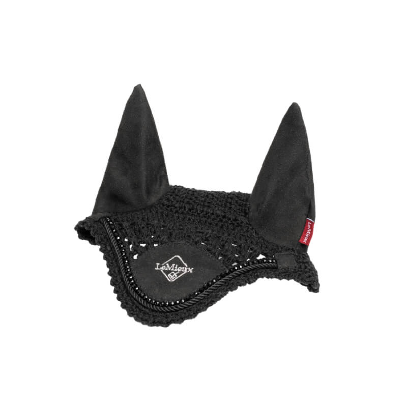 LeMieux Hobby Horse Fly Hood Black with two pointed ear covers and logo detail.