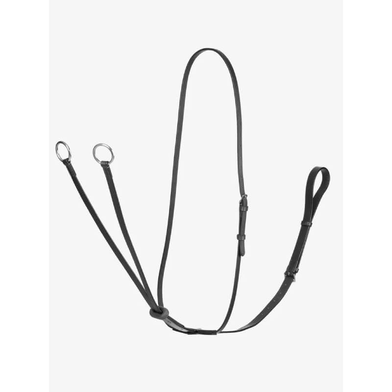 LeMieux Arika Running Martingale in Black/Silver leather with metal rings on a white background.