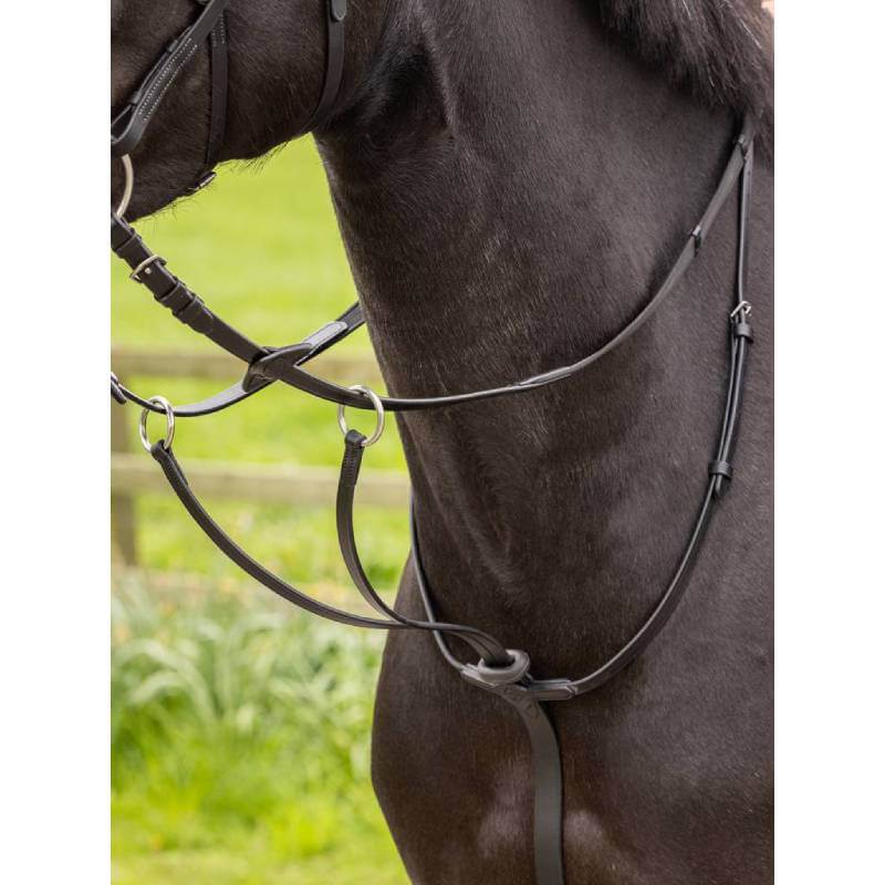 LeMieux Arika Running Martingale in Black/Silver leather with metal rings on a white background.