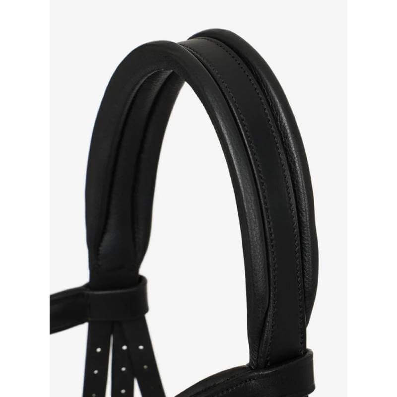 LeMieux Arika Drop Bridle in black oiled leather with anatomical browband and silver buckles.
