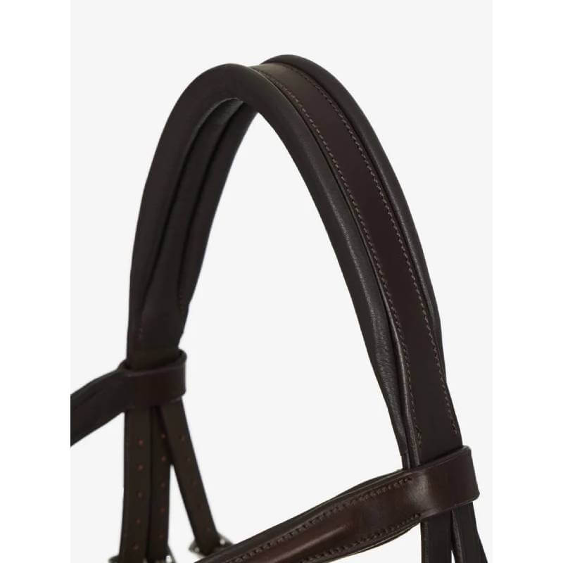 The LeMieux Arika Flash Bridle Brown/Silver has oiled leather and an anatomical noseband.