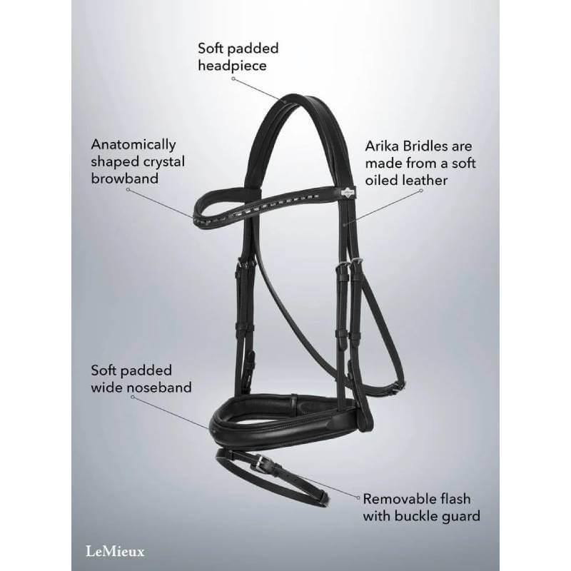 LeMieux Arika Dressage Bridle Black/Silver with padded areas and an anatomical browband.