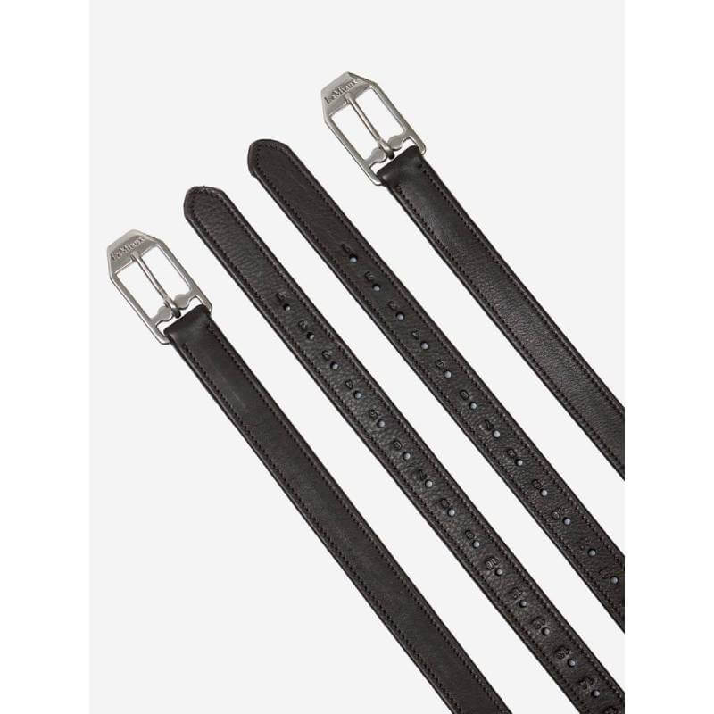 Three LeMieux Arika Stirrup Leather Brown belts are arranged parallel on a white background.