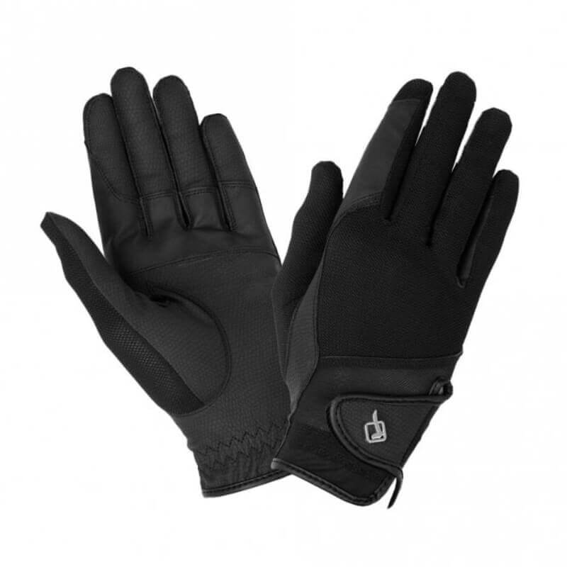 LeMieux Pro Mesh Glove Black adjusting horse tack on a dark leather saddle.