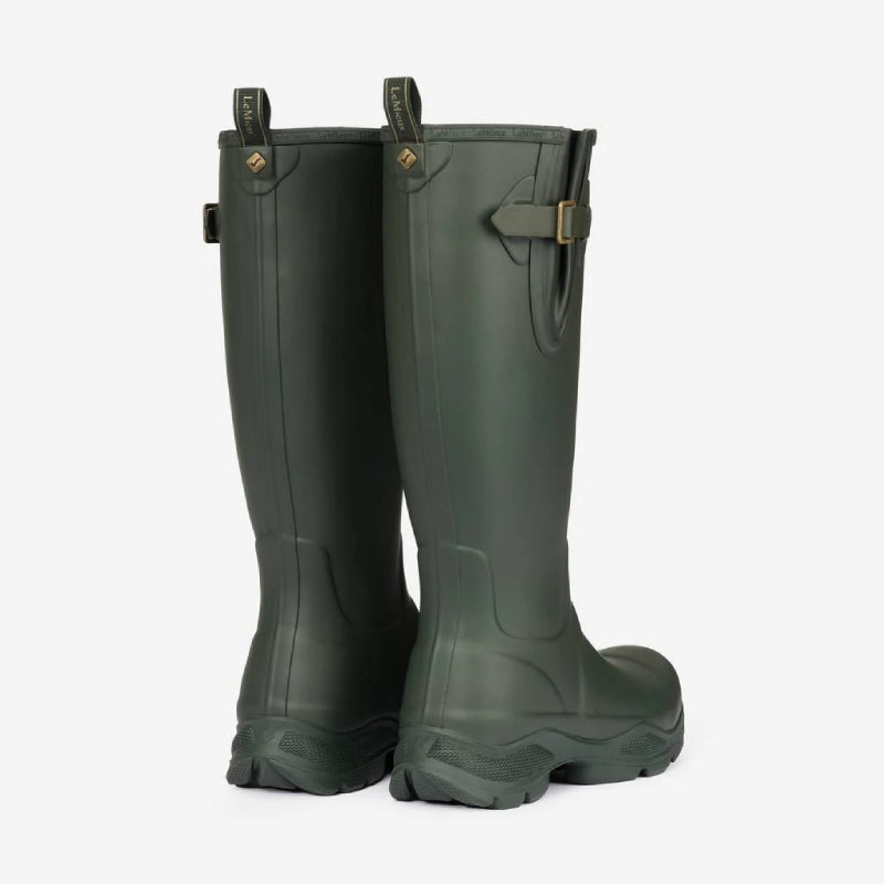 LeMieux Stride Wellington Boot Oak, green with side buckles, viewed from the back.