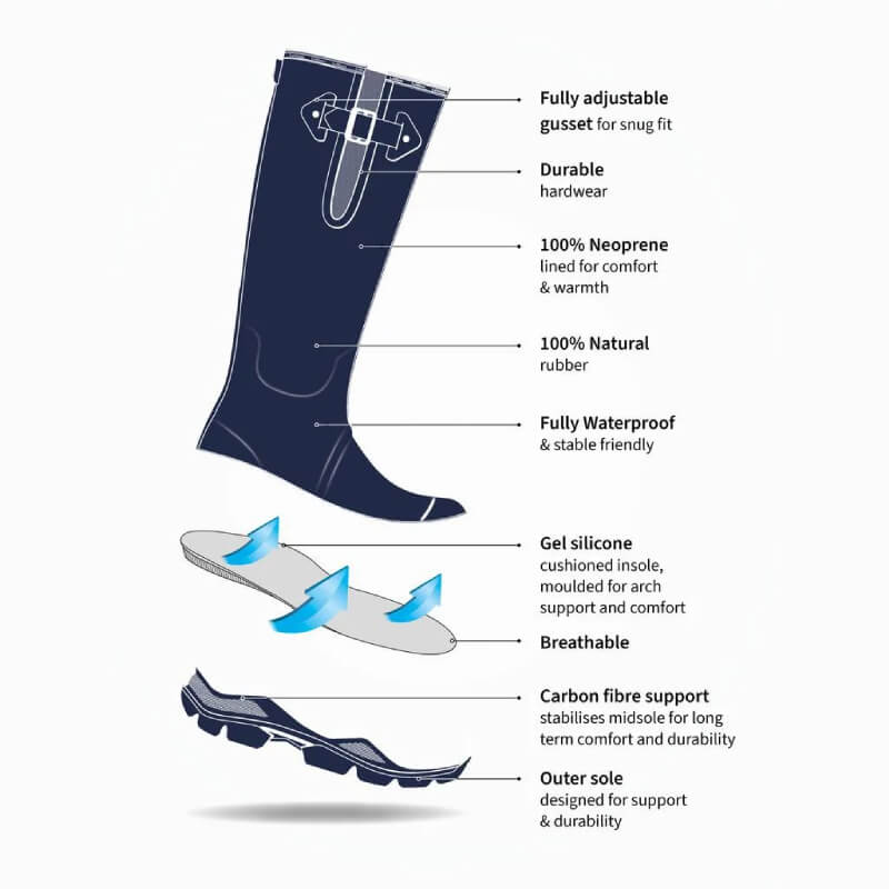 Labeled diagram of LeMieux Stride Wellington Boot Oak with exploded insole and outsole view.
