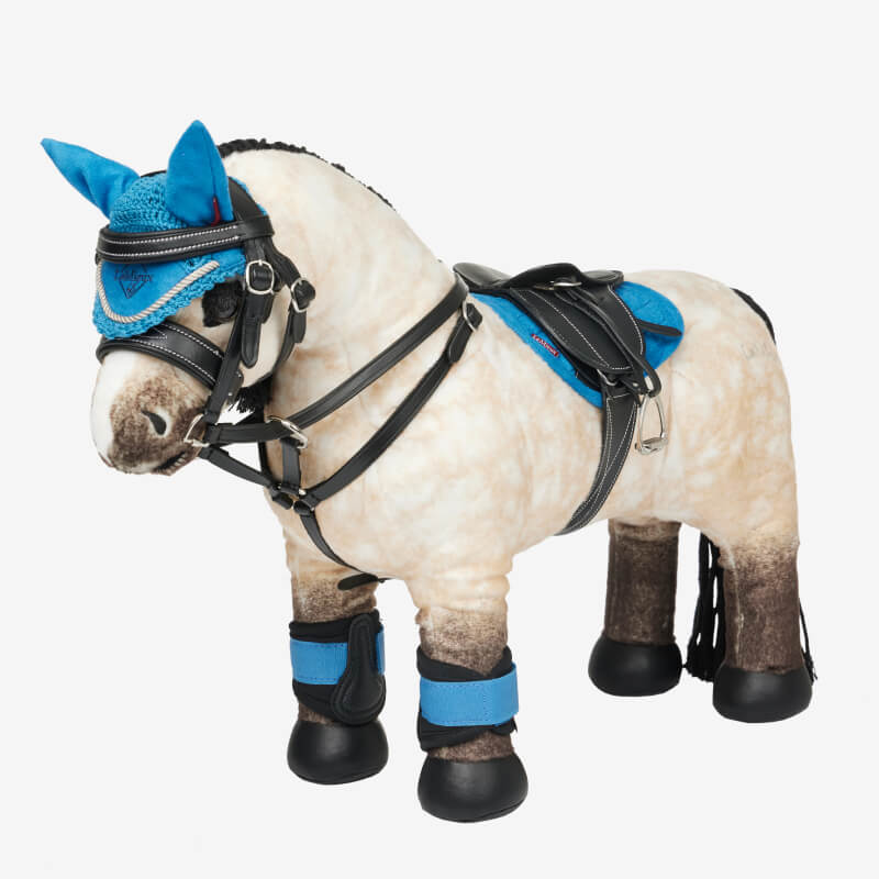 LeMieux Toy Pony Dream plush horse by LeMieux with black mane, dark hooves, and accessories.