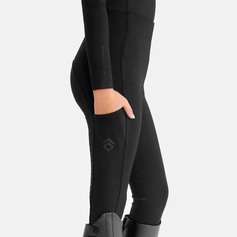 Aztec Diamond YR Full Seat Leggings Black with side pocket, styled with tall black boots.