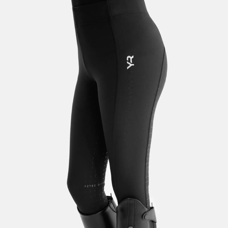 Aztec Diamond YR Full Seat Leggings Black, recycled fabric, shown waist to knee.